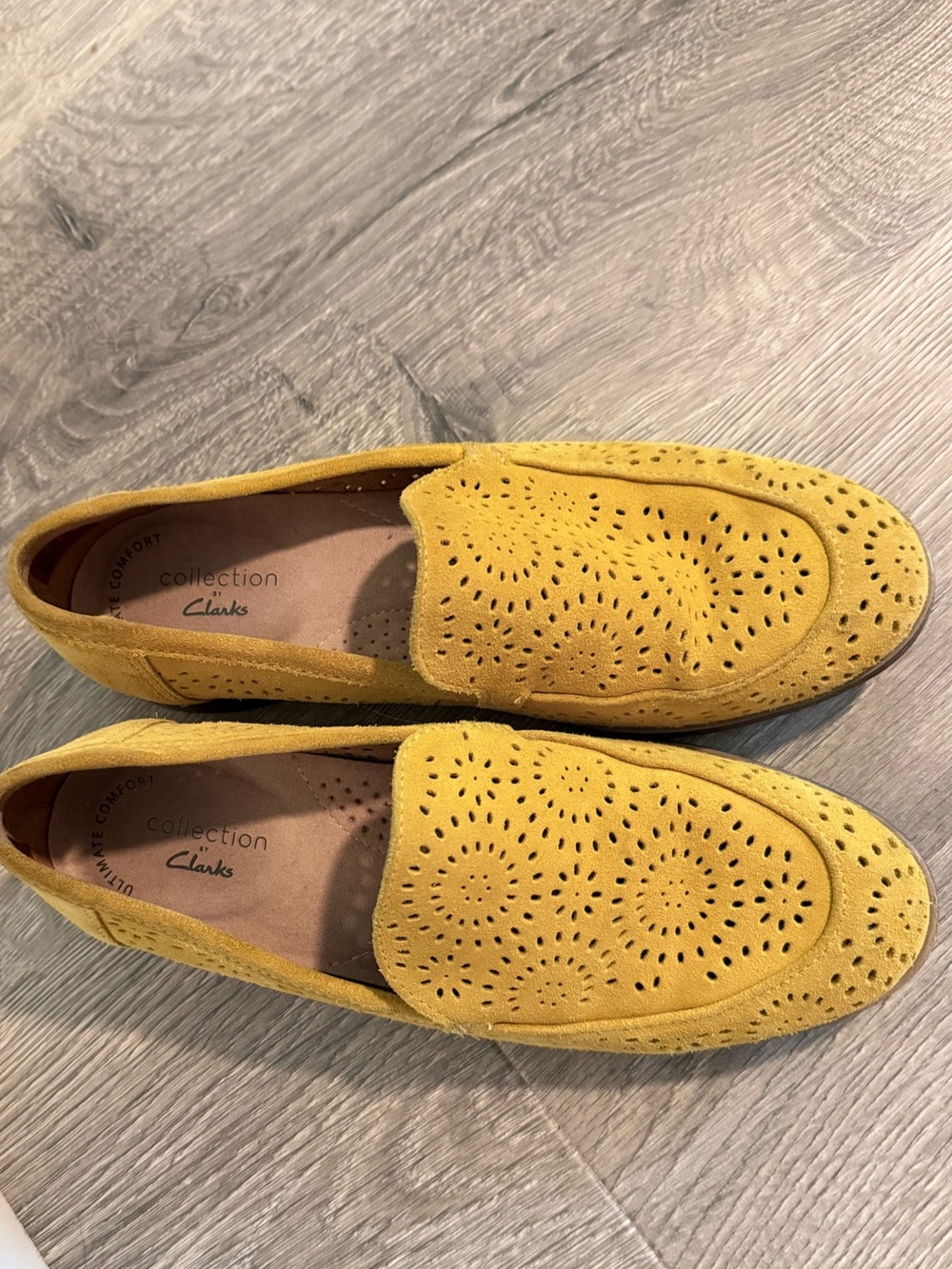 Clarks Mustard Suede Perforated Slip-On Loafers - Picture 3 of 10